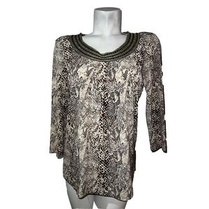Chico's Top Brown Beaded Neckline Snake Print 3/4 Sleeve Tunic Women's Sz M (1)